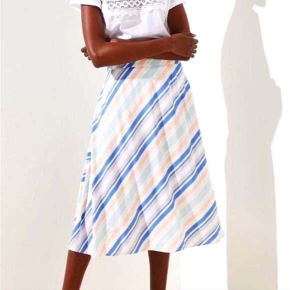 LOFT Blue & White Diagonal Stripe A Line Midi Skirt Size 6 - Picture 1 of 10